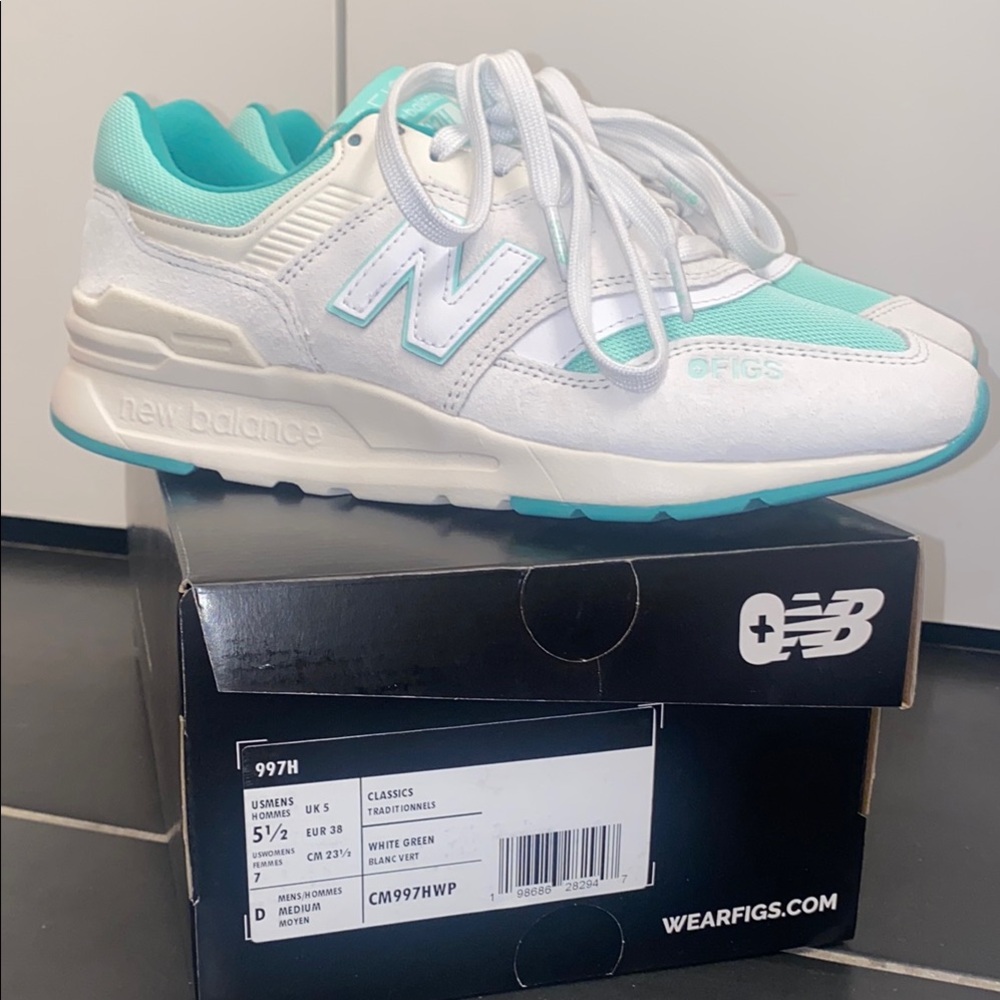 FIGS New Balance 997H White and Mint Green Sneakers